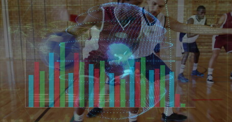 Dribbling white male athlete handling basketball at midcourt, with red jerseys, holographic overlay