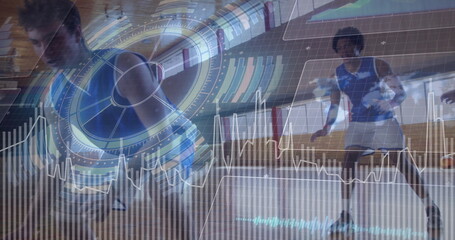 Competing male table tennis players rallying fast in gym, with table paddles and digital overlays