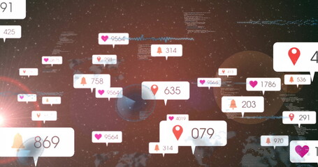 Presenting social icons drifting over global map in dark cosmic space, with code and counters
