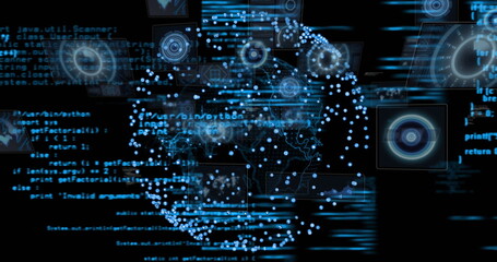 Rendering digital sphere forming in virtual interface, with Java and Python code and HUD overlays