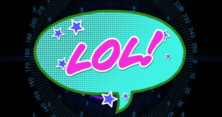 Displaying teal comic-style speech bubble with pink LOL letters over digital grid, halftone pattern