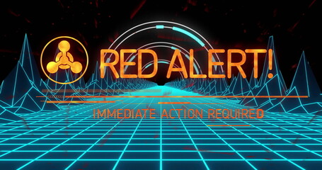 Displaying RED ALERT graphic hovering over cyan grid in wireframe landscape with progress arc