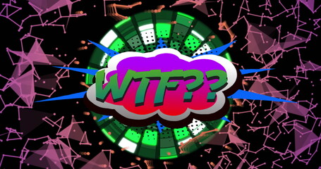 Displaying comic bubble shouting WTF?? in digital art, with pink polygon network and radial pattern