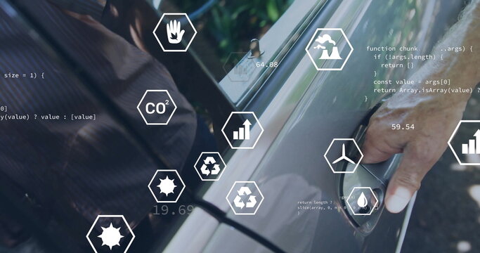 Pressing sensor handle, male unlocking car door in driveway with hex icons, copy space