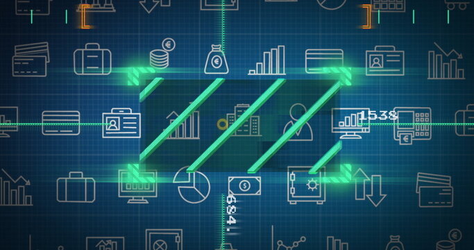 Displaying neon green zigzag arrow on dark blue digital interface grid, featuring financial icons