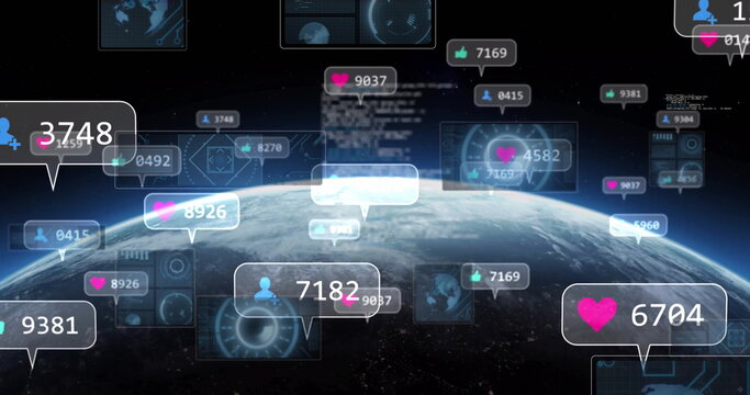 Naklejki Floating notification bubbles with heart and thumbs-up icons hovering above Earth horizon