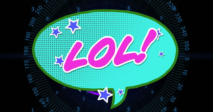 Displaying teal comic-style speech bubble with pink LOL letters over digital grid, halftone pattern