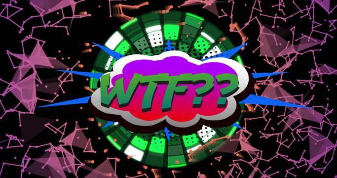 Displaying comic bubble shouting WTF?? in digital art, with pink polygon network and radial pattern