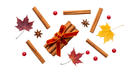 Flat lay of cinnamon sticks, star anise, red ribbon bow, and autumn maple leaves, seasonal spice arrangement, isolated on white background