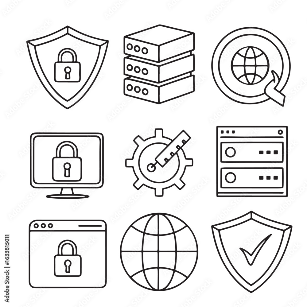 Poster cyber security icon set. data and network protection symbol for app, ui, website. computer and techn