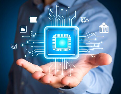 Hand presenting a glowing digital microchip surrounded by application icons