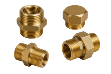 Collection of Four Brass Plumbing Fittings, Featuring Male and Female Threads, Hexagonal Nuts, and Smooth Surfaces