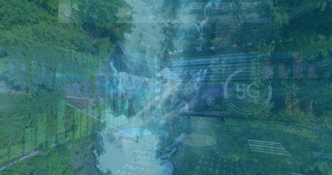 Flowing waterfall cascading down mossy rock face in forest ravine, with charts, 5G icon overlays