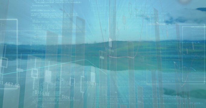 Fototapeta Displaying digital visualization hovering over open ocean, with translucent charts and code text