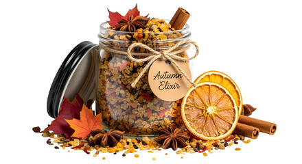 Glass jar labeled Autumn Elixir with dried oranges, cinnamon sticks, star anise, and botanicals, seasonal potpourri, isolated on white background