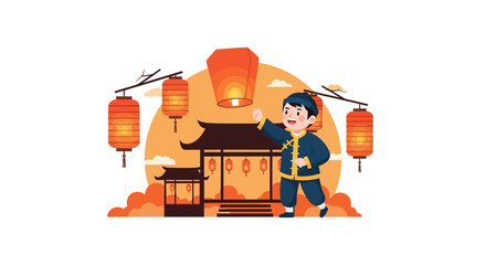 Festive Scene With Boy Releasing A Sky Lantern During Chinese New Year