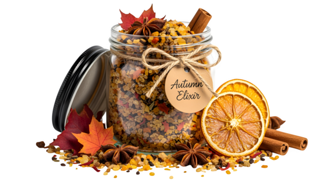 Glass jar labeled Autumn Elixir with dried oranges, cinnamon sticks, star anise, and botanicals, seasonal potpourri, isolated on white background