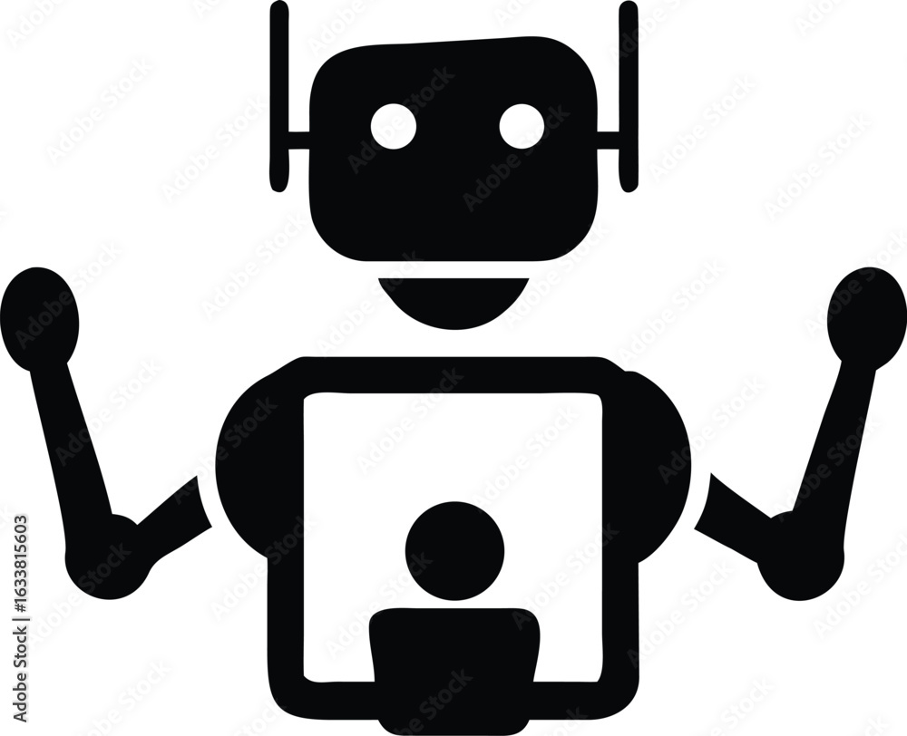 Poster black and white icon of a robot holding a tablet displaying a person android artificial intelligence