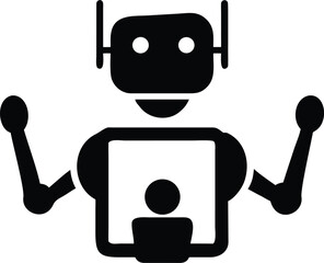 Obraz premium Black and white icon of a robot holding a tablet displaying a person android artificial intelligence