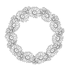Floral round frame wreath black and white outline flowers daisies border with copy space for text congratulation	