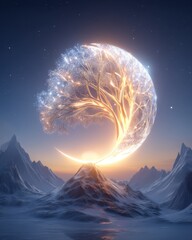 Ethereal Tree of Light Rising Above Majestic Snowy Mountains