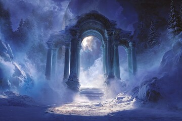 Ancient stone archway in a snowy, mystical landscape bathed in blue light