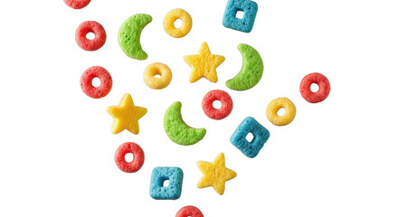 Colorful kid's cereal shapes (rings, stars, moons, squares) perfectly formed, falling against a clean transparent studio background, high angle, crisp lighting, commercial product concept