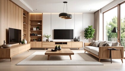 Modern living room with light wood furniture, neutral tones, and large windows
