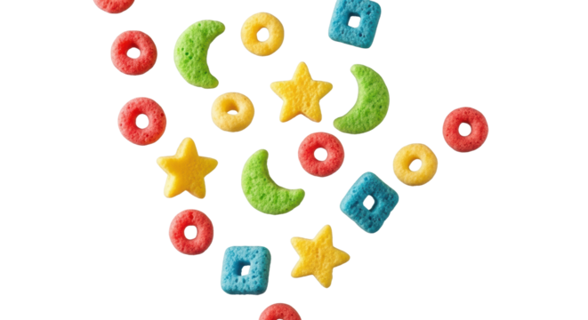 Colorful kid's cereal shapes (rings, stars, moons, squares) perfectly formed, falling against a clean transparent studio background, high angle, crisp lighting, commercial product concept