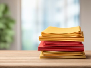 personal finance insurance control concept. Stack of colorful papers on a wooden table with a blurred background.