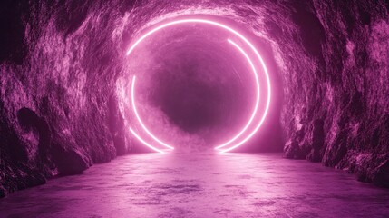 Abstract empty tunnel with neon light circles and glowing lines as a background for design