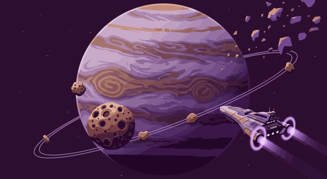 Exploration Of Giant Purple Planet With Spaceship In Dark Outer Space