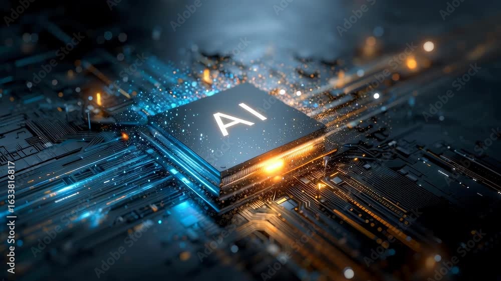 Poster a close-up of an ai chip on a computer mainboard