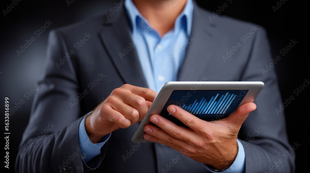 Poster personal finance insurance control concept. business professional interacting with a tablet displayi