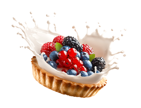 Delicious tart with berries and milk splash isolated on a transparent background