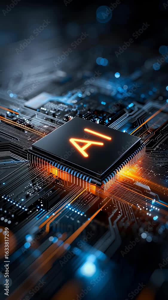 Poster a close-up of an ai chip on a computer mainboard