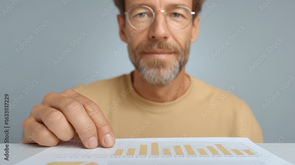 Poster personal finance insurance control concept. a man examines a chart while displaying confidence and f
