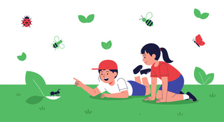 Fototapeta premium Exploring Nature Two Children Discovering Insects In A Green Meadow Illustration
