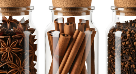 Close-up of large glass jar with cinnamon sticks and cork lid, kitchen spice storage, isolated on white background