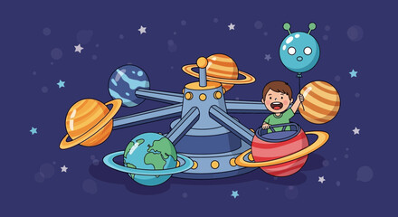 Exploring The Galaxy A Boy On A Planetary Merry Go Round Ride In Space