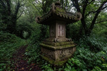 Stone pagoda-like monument in overgrown forest