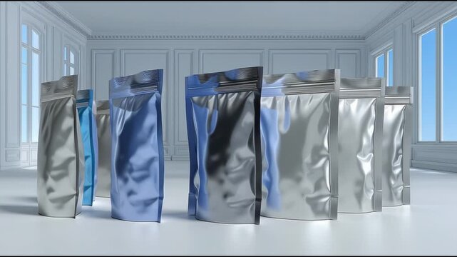 A sophisticated display of metallic silver and blue stand-up pouches, perfect for showcasing product packaging and branding in a clean, elegant studio.