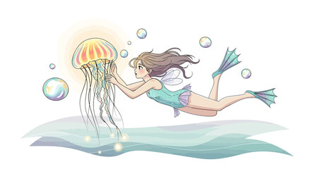 Fairytale Girl Swims With Jellyfish In Cartoon Sea Underwater World Illustration