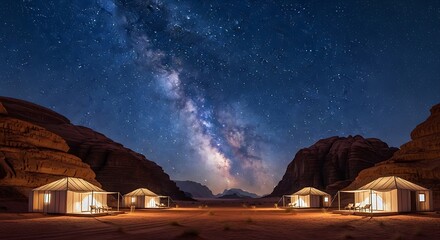 Milky Way desert glamping under a breathtaking starry night sky. Luxury illuminated tents nestled among red sandstone mountains in a serene, remote landscape, offering unique travel and relaxation.