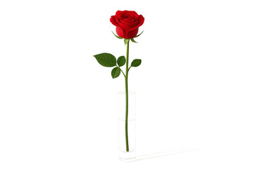 Obraz premium Tall red rose in slim glass tube with green leaves on transparent background