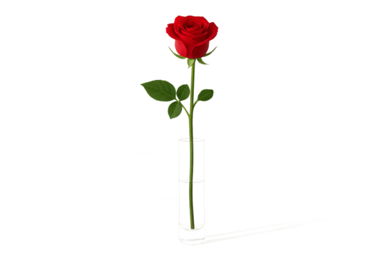 Tall red rose in slim glass tube with green leaves on transparent background