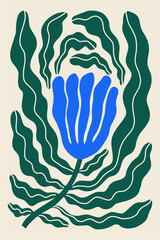 Colorful flat Illustration inspired by Henri Matisses cut out style, featuring abstract hand drawn blue flower with green leaves.