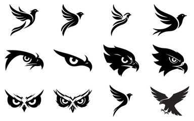 Eagle owl bird hawk silhouette vector icons set