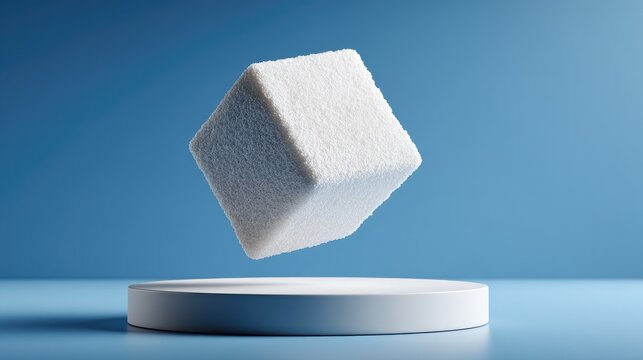 White fluffy cube floats on a white pedestal against a blue backdrop - Powered by Adobe