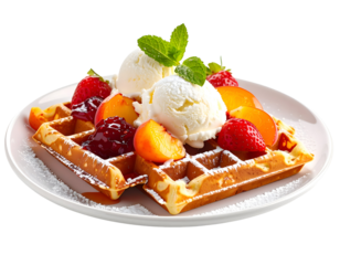 Belgian waffles with peach, strawberries, cherry jam and ice cream, sprinkled with sugar powder isolated on transparent png